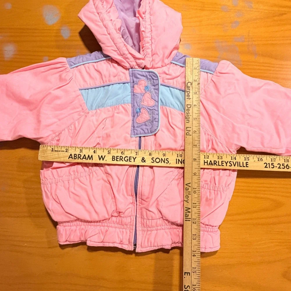 Vintage 80s Weather Tamer Girls Pink Hooded Puffer Jacket Heart Embroidery 12M